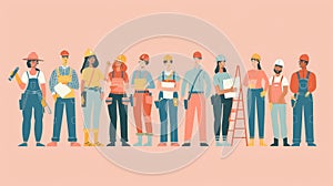 A flat illustration of different people working in the building industry, including men and women architects, painters