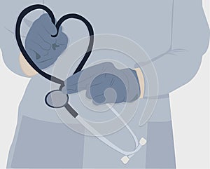 Flat illustration with doctor or nurse in white coat with stethoscope on hand on grey background. Flat illustration can be used li