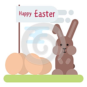 Flat illustration of easter bunny with eggs and with flag.