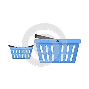 Flat illustration of empty plastic grocery baskets on white background, items for self service store. Grocery shopping, sale,