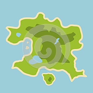 Flat illustration of fantasy map of fictional island in the middle of sea or ocean