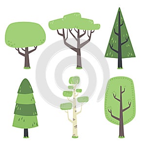 Flat Illustration Forest Trees With Green Crown Set