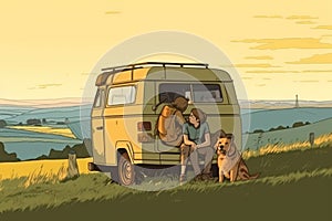 Flat illustration of fun family camping road trip by wheel caravan