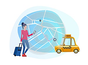 Flat illustration of a girl who calls a yellow taxi car