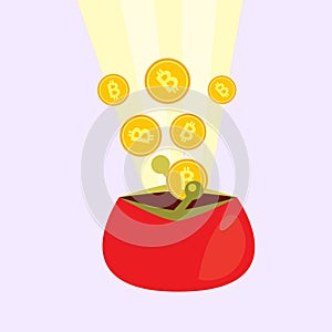 Flat illustration of golden bitcoins falling in the red wallet.