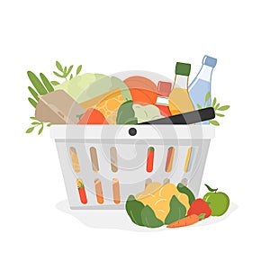 Flat illustration of a grocery basket with various food, drinks and vegetables. Grocery shopping, fresh delicious food products,