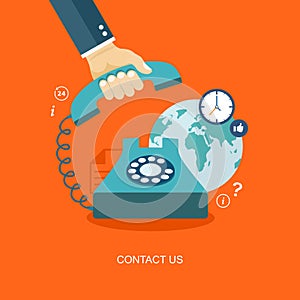 Flat illustration of hand holding phone with icons. Contact us.