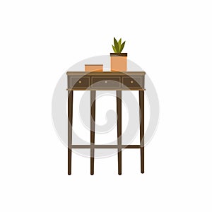 Flat illustration of home interior. Cozy place of the room with table and a plant in a pot. Living room furniture concept. Wooden