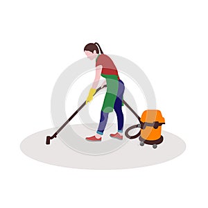 Flat illustration of woman cleaning the floor using a vacuum cleaner