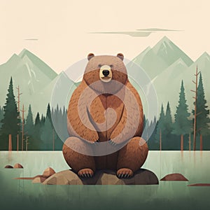 Flat Illustration Of A Majestic Brown Bear In The Forest