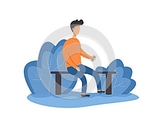 Flat illustration man sit on desk garden play smartphone