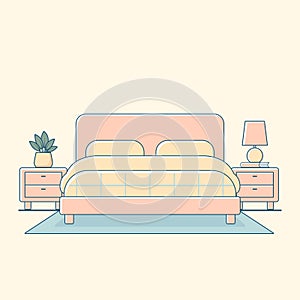 Flat illustration of minimal bedroom interior with bed and side tables, vector illustration