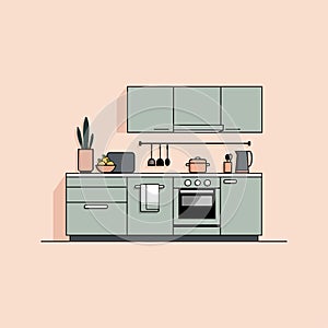 Flat illustration of modern kitchen interior with furniture, appliances and utensils, vector illustration