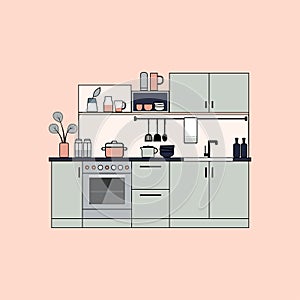 Flat illustration of modern kitchen interior with furniture, appliances and utensils, vector illustration