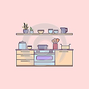 Flat illustration of modern kitchen interior with furniture, appliances and utensils, vector illustration