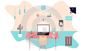 Flat Illustration of modern workplace in room. Creative office workspace. Flat minimalist style. Illustration work from home. Vect