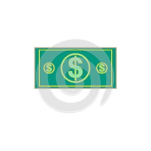 Flat illustration of money. Dollar currency banknote green. Dollars bill, money banknote. Vector dollar bill isolated on white bac