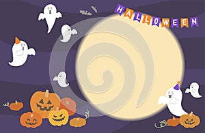 Flat illustration with moon, bats, Halloween Garland, pumpkins and ghosts