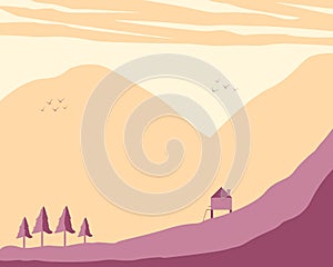 Flat illustration of mountain landscape with coniferous forest and clouds. Sweltering summer sky - vector