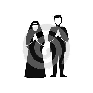 Flat illustration of muslim couple blessing Eid mubarak isolated on white background