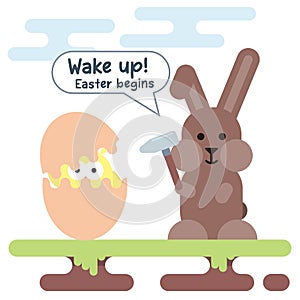 Flat illustration of newborn chicken and bunny with hammer. Easter card template.