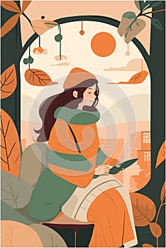 A flat illustration of nordic woman with dream cozy and calm with weathers in the background