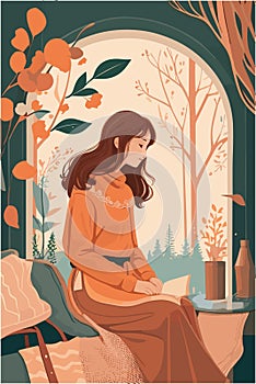 A flat illustration of nordic woman with dream cozy and calm with weathers in the background