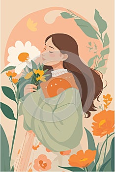 A flat illustration of nordic woman with dream cozy and calm with weathers in the background