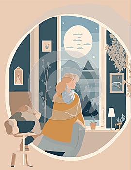 A flat illustration of nordic woman with dream cozy and calm with weathers in the background