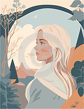 A flat illustration of nordic woman with dream cozy and calm with weathers in the background