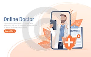 Flat illustration with online doctor. Doctor consultation. Vector illustration flat design. Video chat.