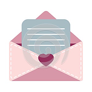 Flat illustration with open envelope with love letter and heart. Element for romantic design for Valentines Day