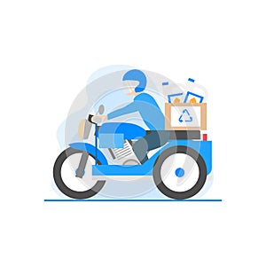 A flat illustration of a person riding motorized rickshaw while carrying recycle products