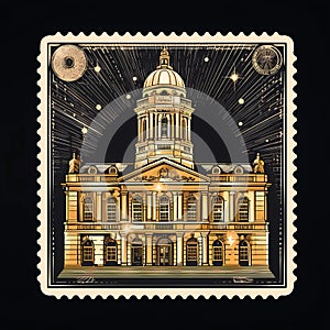 flat illustration postage stamp with church building