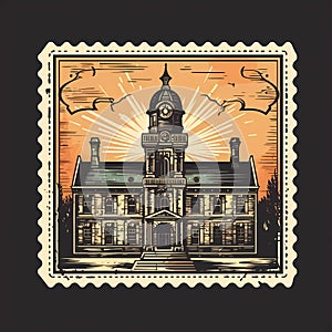 flat illustration postage stamp with church building