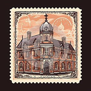 flat illustration postage stamp with church building
