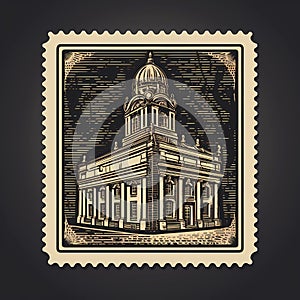 flat illustration postage stamp with church building