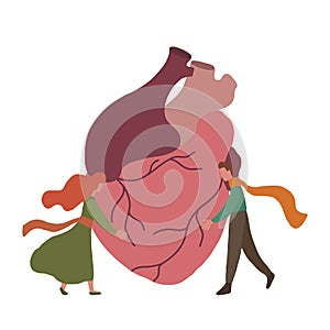 Flat illustration of realistic heart with small hugging couple. Relationship. Original element for card on Valentine Day. The