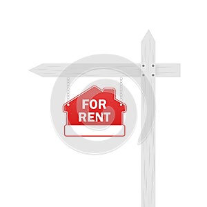 Flat illustration with red home for sale sign on white background. Billboard blank. Sale tag. Vector flat illustration