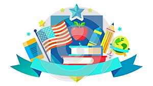 Flat illustration reflects the symbol of education in the USA. There is a US flag, books and pencils. Below is a ribbon for text.