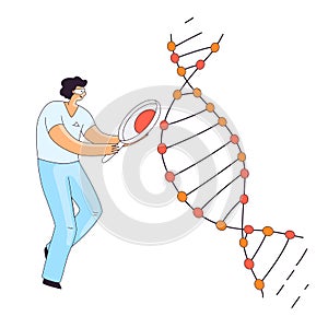 Flat Illustration of Scientist Man, Character Doing Genetic DNA Gene Research. Man looking for an Information in DNA