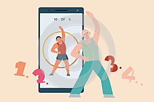 Senior exercising with workout app