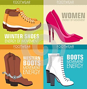 Flat illustration set of shoe equpment backgrounds. Vector illustration elements icons. Colorful template for you design