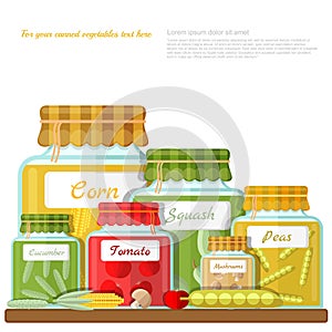 Flat illustration of shelf with glass jars of different canned vegetables