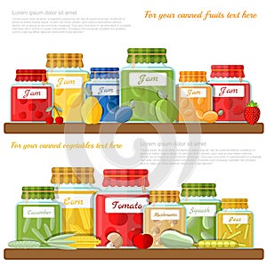 Flat illustration of shelf with glass jars of different fruit jam and canned vegetables
