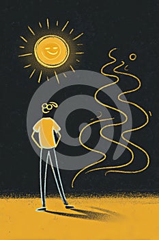 Flat illustration, smiling person standing in sunlight with open posture, Looking ahead: guided by a smiling sun of hope photo