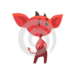 Flat illustration of smiling red devil standing with arms akimbo. Fictional monster character with horns, tail and big