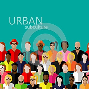 Flat illustration of society members with a large group of men and women. population. urban subculture concept
