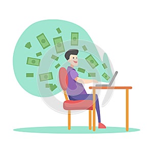 flat illustration of teenage boy working with laptop and making money. work from home. business concept vector illustration