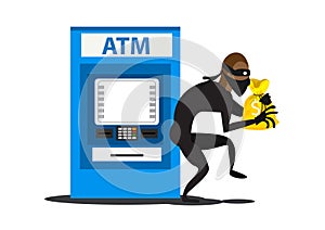 Flat illustration thief steals money from ATM, in black suit, robber in mask.